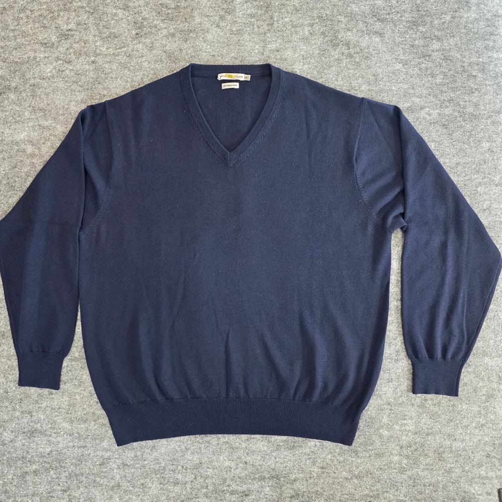Peter Millar Sweater Mens 2XL Navy Blue Merino Wool V Neck Knitted Pullover‎